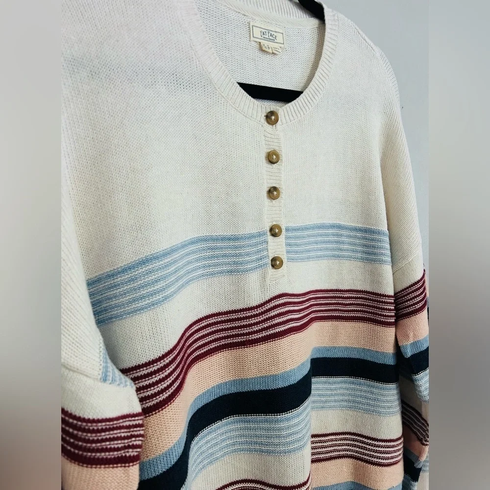 Fat Face Striped Henley Sweater Women’s 6 Cotton Knit Preppy Coastal Drop Sleeve